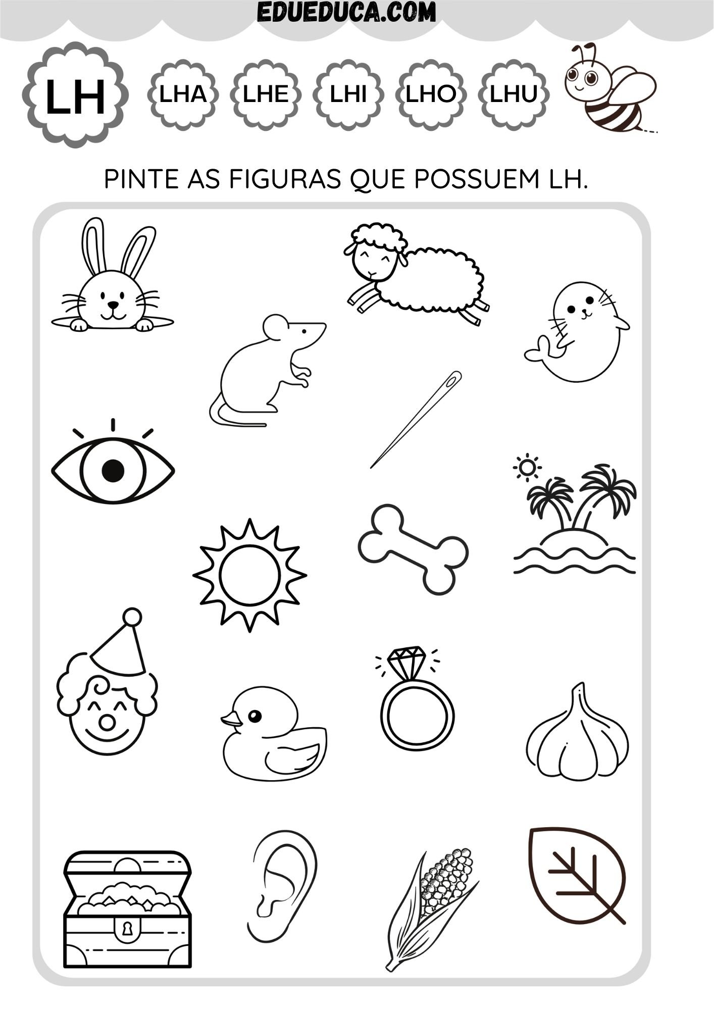 Prévia da atividade pedagógica de alfabetização: Pinte as figuras que possuem LH