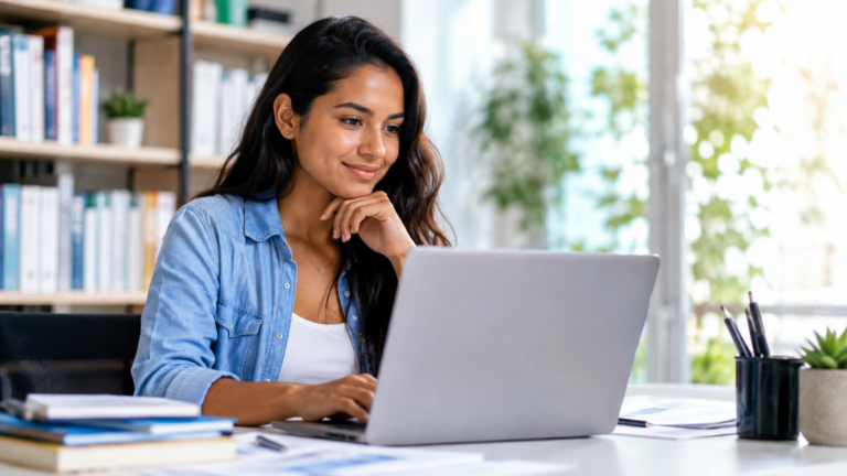 Estudante pesquisando faculdade EAD reconhecida pelo MEC em um notebook