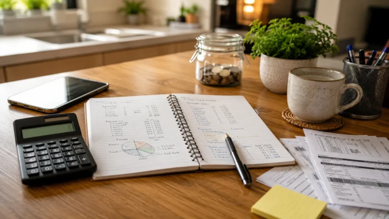 Como montar um orçamento mensal com caderno, calculadora e contas organizadas