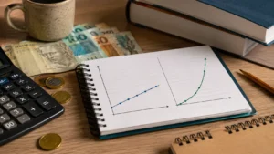 Juros simples e compostos representados por calculadora e gráficos de crescimento