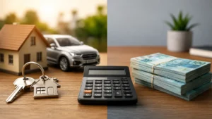 Financiamento x empréstimo comparados em documentos e calculadora