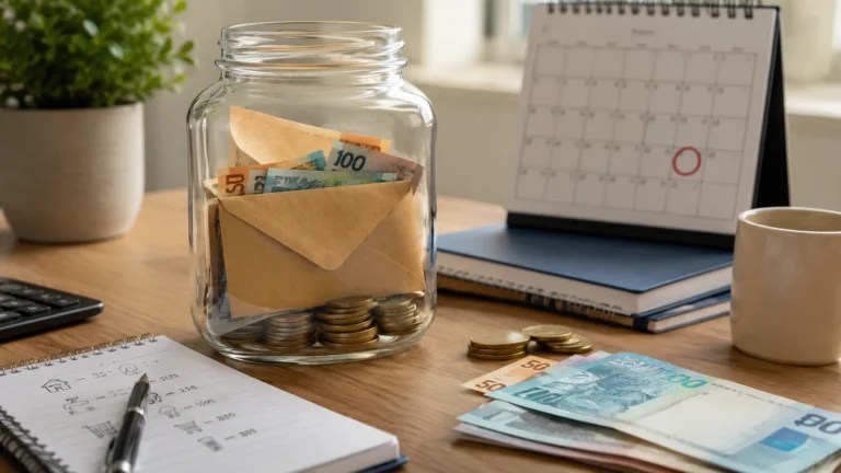 Reserva de emergência representada por fundo financeiro, contas essenciais e calculadora