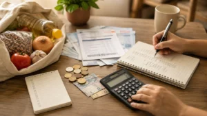 Como economizar ganhando pouco com compras planejadas, caderno e moedas