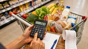O que é inflação representado por cesta de compras, etiquetas de preço e gráfico