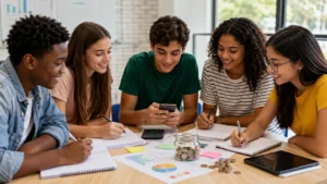 Educação financeira para adolescentes com jovem organizando dinheiro e orçamento