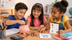 Educação financeira para crianças com moedas, potes de metas e atividade lúdica
