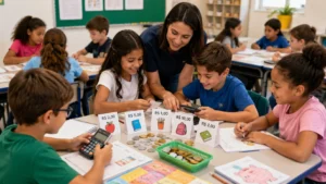Atividades de educação financeira em sala com fichas, moedas didáticas e planejamento