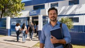 Professora em frente a unidade de educação técnica representa o concurso FAETEC 2026