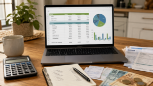 Planilha de orçamento doméstico grátis aberta em notebook com calculadora e contas