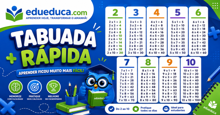 Tabuada rápida do 2 ao 10 para imprimir em PDF