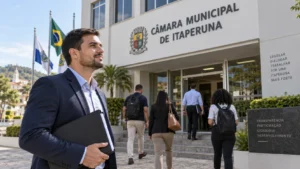 Candidatos em frente à Câmara Municipal representam o concurso Câmara de Itaperuna 2026
