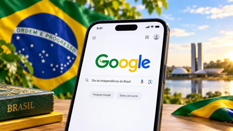 Google em verde, amarelo e azul em homenagem ao Dia da Independência do Brasil
