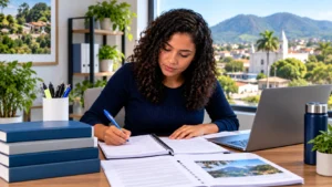 Candidata estudando para o simulado de Agente Administrativo de Queimados 2026 da banca IAN