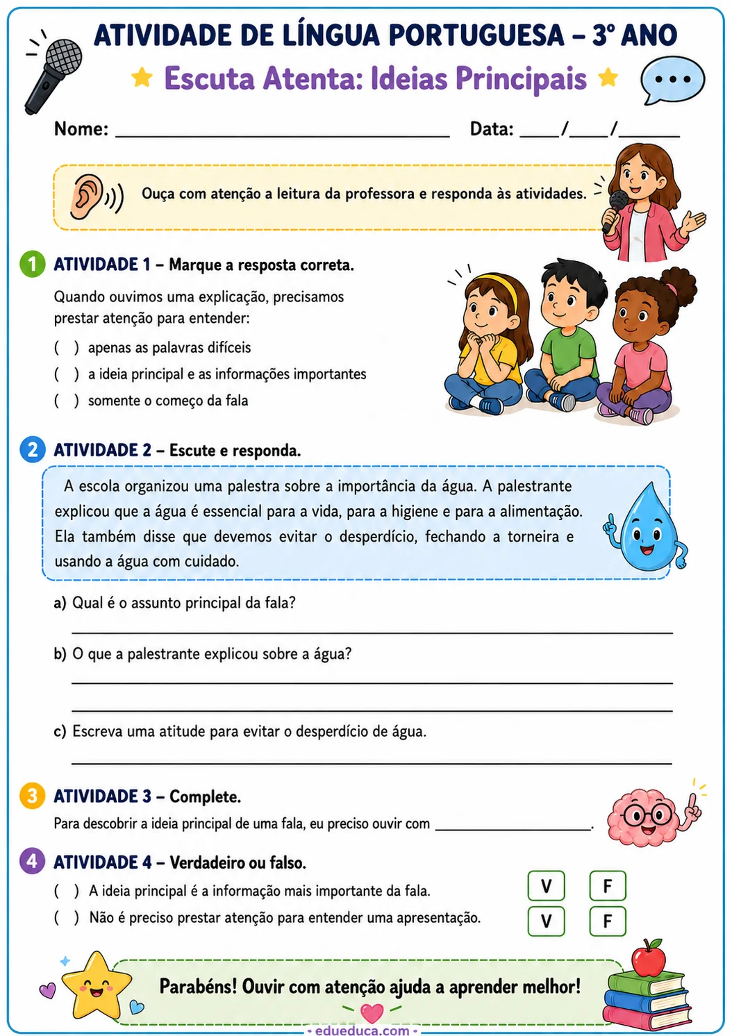 Atividade para imprimir de Língua Portuguesa 3º ano sobre escuta atenta e ideias principais