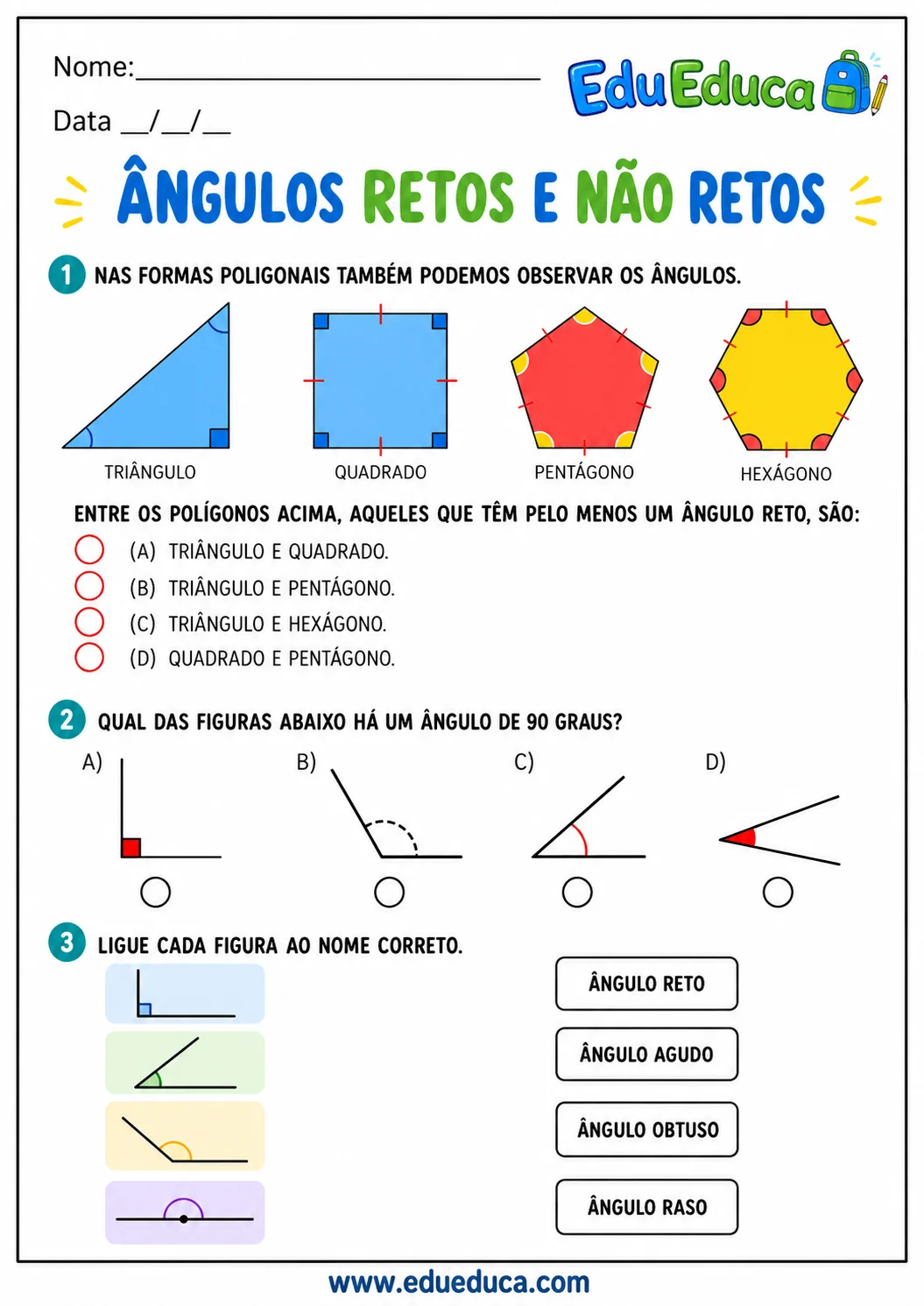 Atividade de ângulos retos e não retos para estudantes do 4º ano