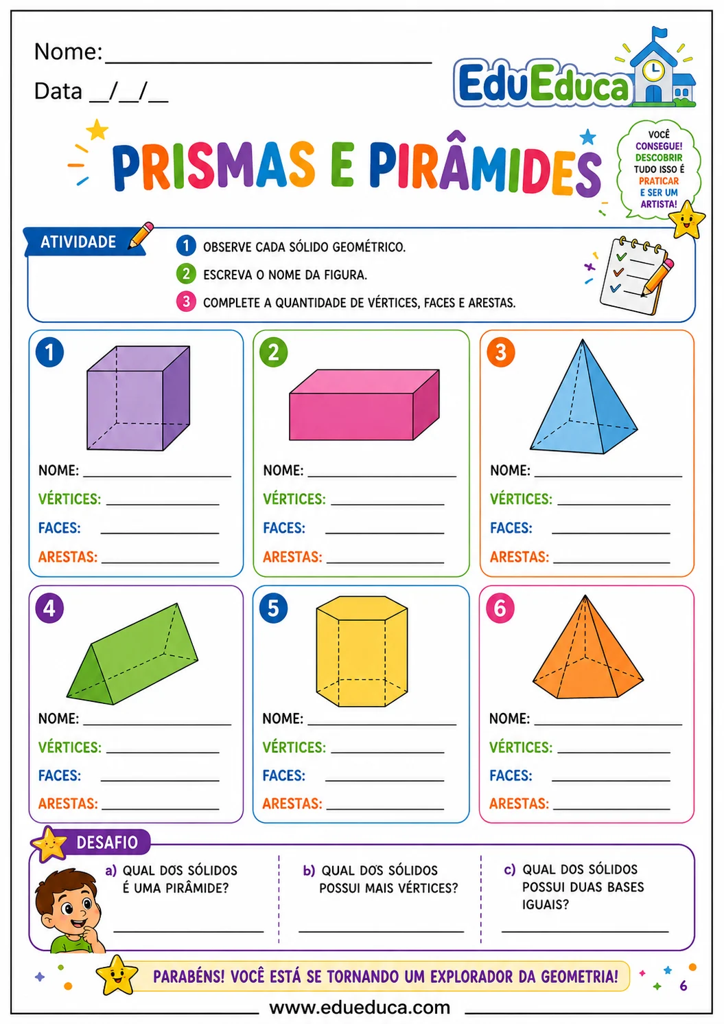Atividade de prismas e pirâmides para estudantes do 4º ano