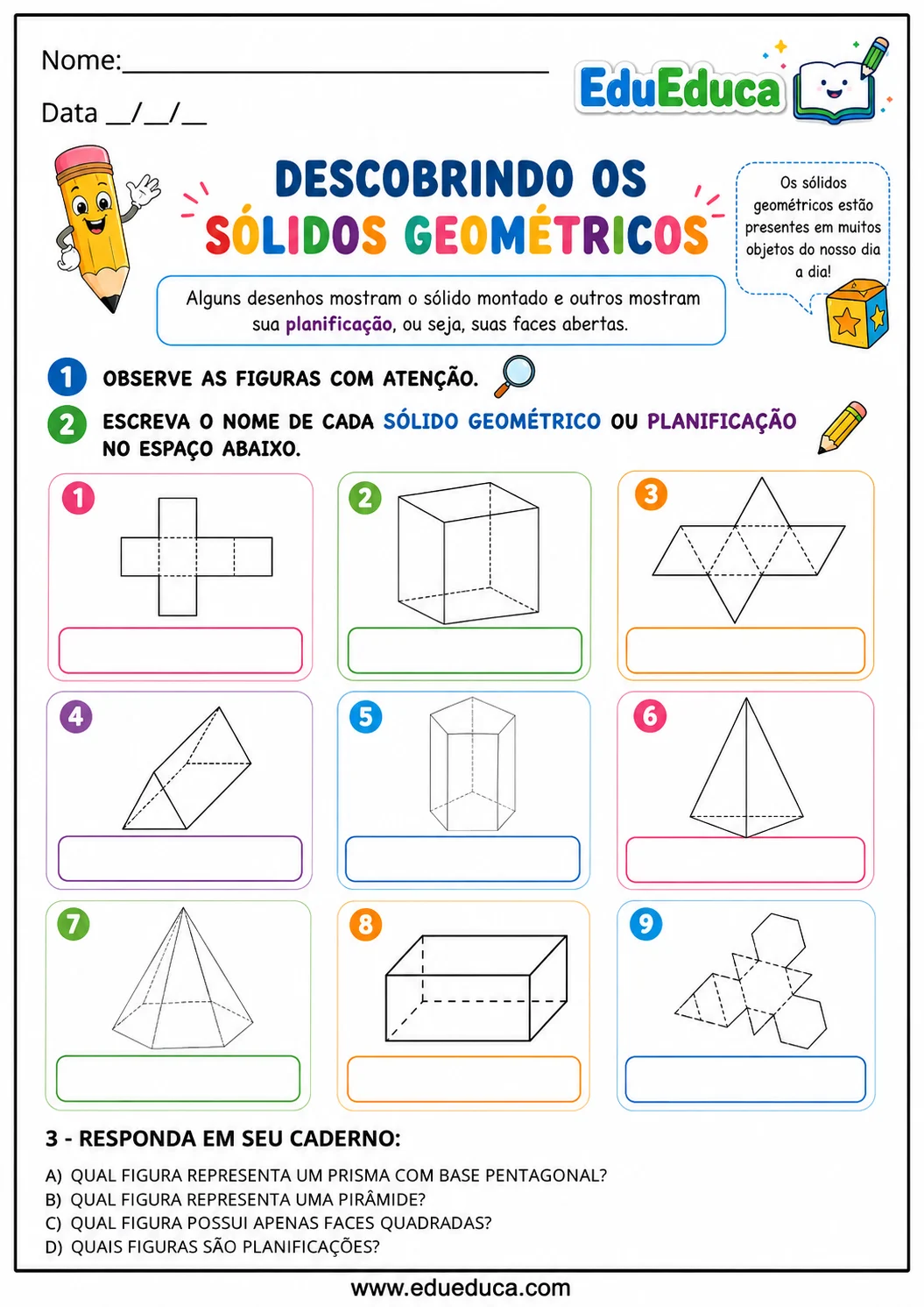 Atividade de sólidos geométricos e planificações para estudantes do 4º ano