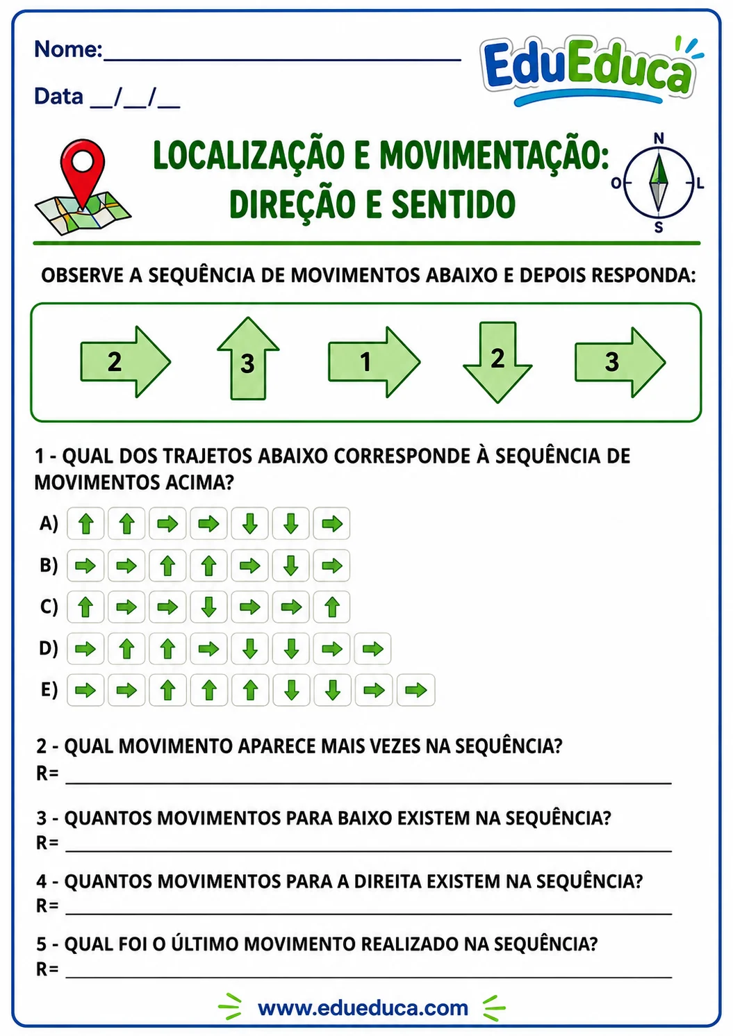 Atividade de direção e sentido para estudantes do 4º ano