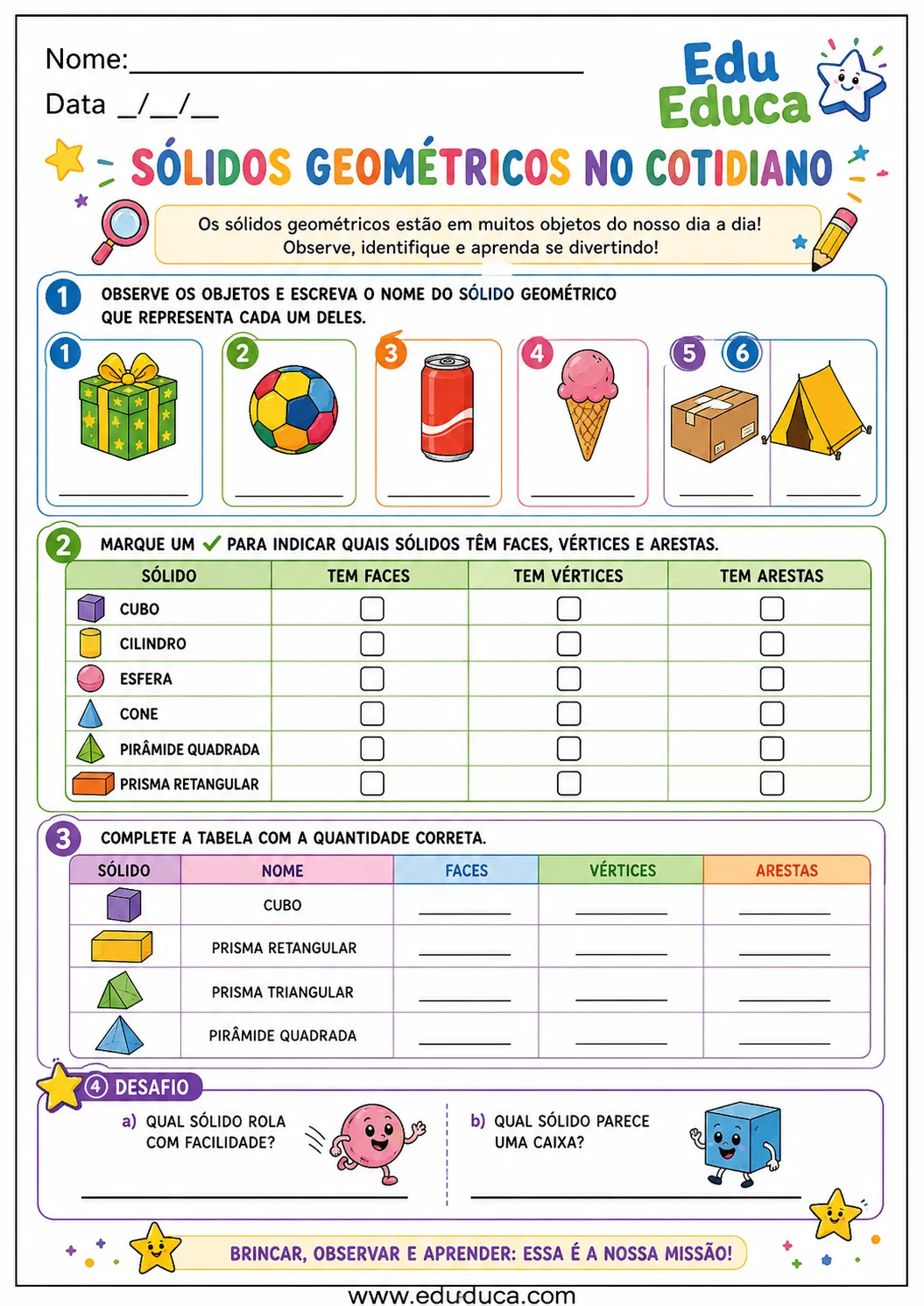 Sólidos geométricos no cotidiano para estudantes do 4º ano
